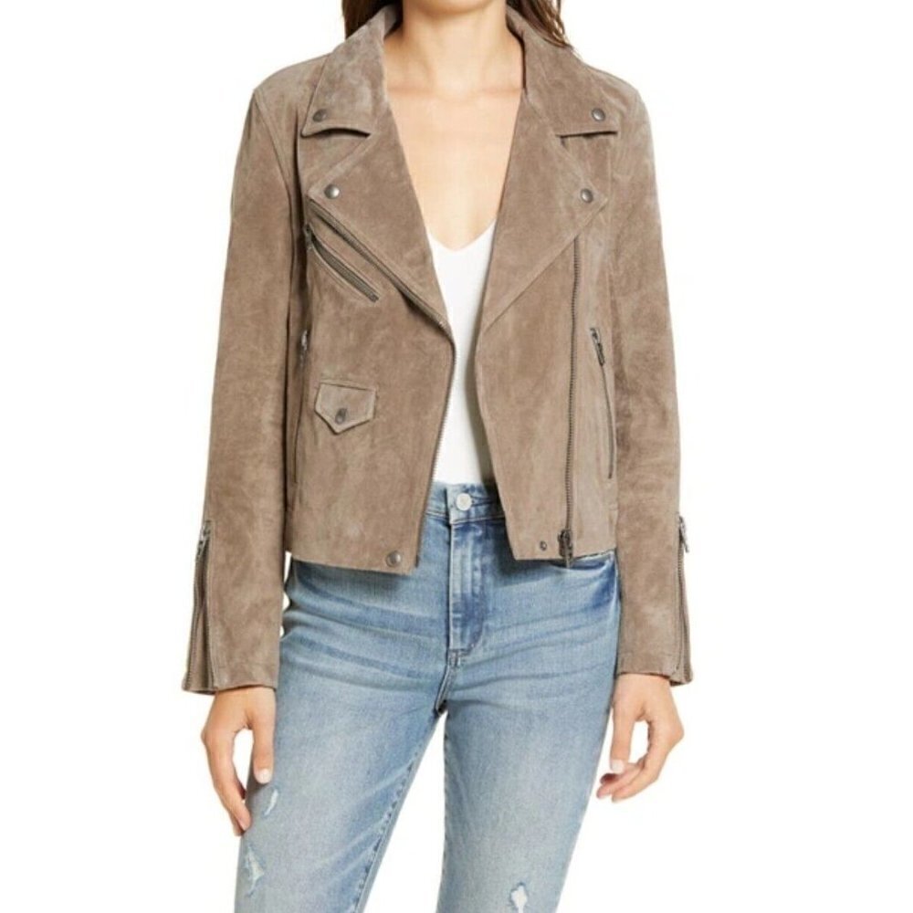 New BlankNYC Vital Signs Suede Moto Jacket Womens M Crop French Taupe Blank NYC